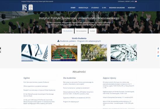 Strona internetowa Instytutu Polityki Społecznej Uniwersytetu Warszawskiego z menu, aktualnościami i sekcją dla studentów. Ujęcie z góry.