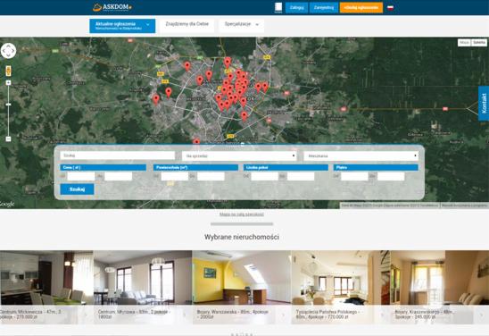 Widok ekranu strony z mapą i ofertami nieruchomości. Mapa z pinezkami oznaczającymi lokalizacje. Poniżej zdjęcia wybranych nieruchomości z cenami.