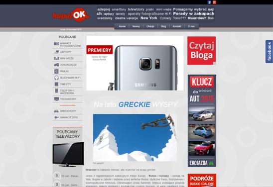 Wygląd strony internetowej z ofertami elektroniki i artykułami poradnikowymi. Reklama smartfona Samsung Galaxy S6 Edge na stronie.