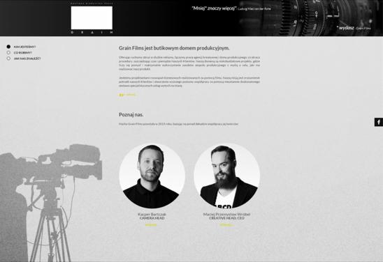 Strona internetowa studia filmowego Grain Films z sylwetkami założycieli, w stonowanej kolorystyce szarości i bieli, z motywem kamery w tle.