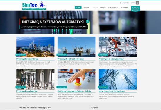 Strona internetowa firmy SimTec prezentująca integrację systemów automatyki dla przemysłu cementowego, petrochemicznego, motoryzacyjnego i spożywczego.