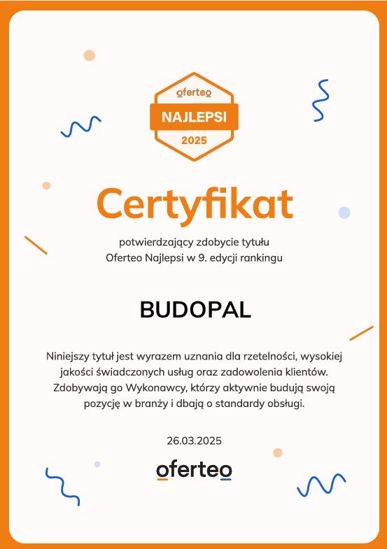 Certyfikat Oferteo Najlepsi 2025 dla BUDOPAL z Łodzi, potwierdzający wysoką jakość usług i zadowolenie klientów. Wyróżnienie za rzetelność.
