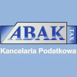 Logo firmy ABAK TAX Kancelaria Podatkowa na błękitnym tle, z nazwą firmy w białych literach z niebieskim gradientem i czarnym obramowaniem.