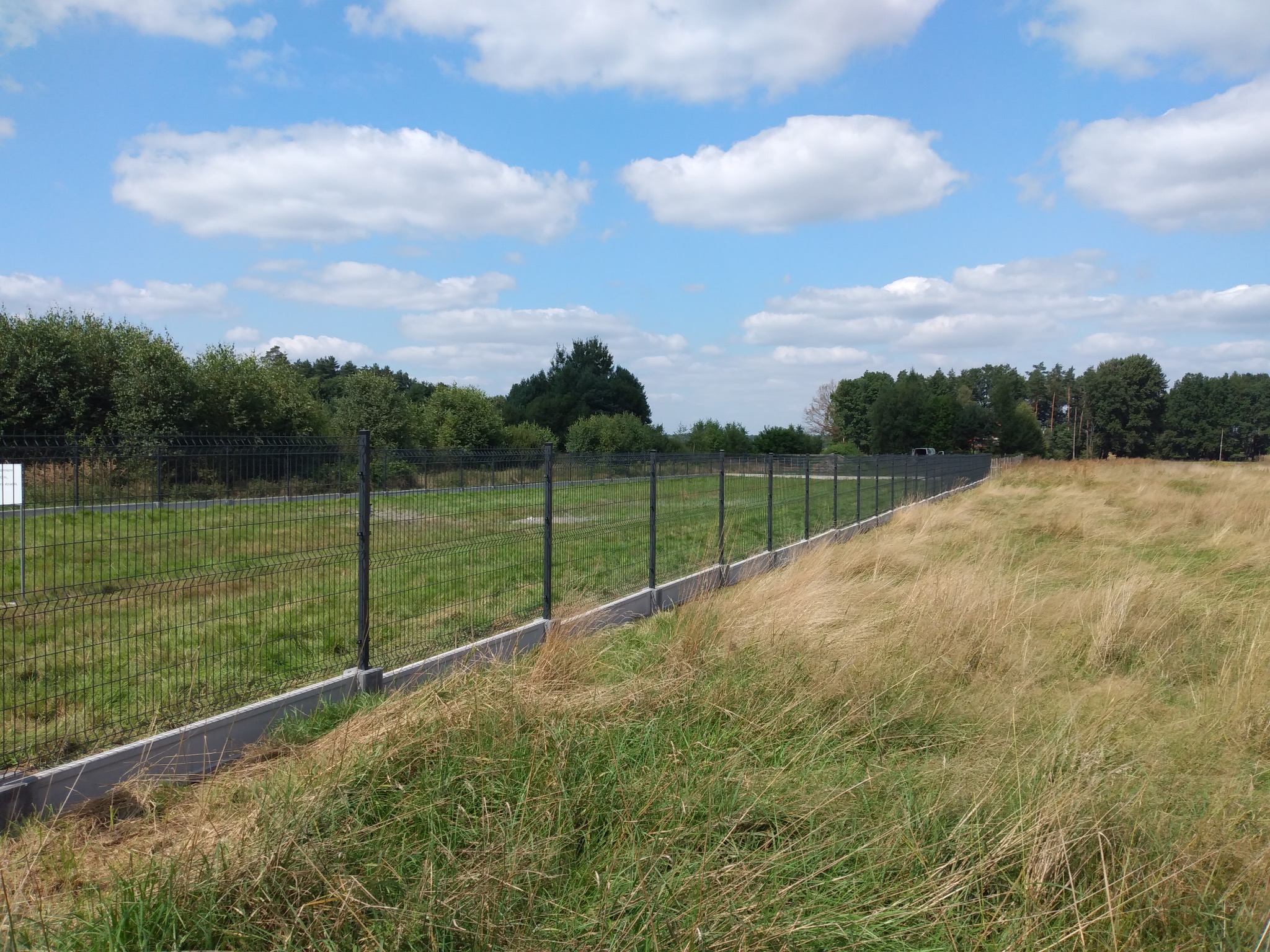 Długi, prosty odcinek ogrodzenia panelowego z podmurówką betonową, widok na łąkę z wysoką trawą i zalesiony horyzont pod błękitnym niebem z białymi chmurami.