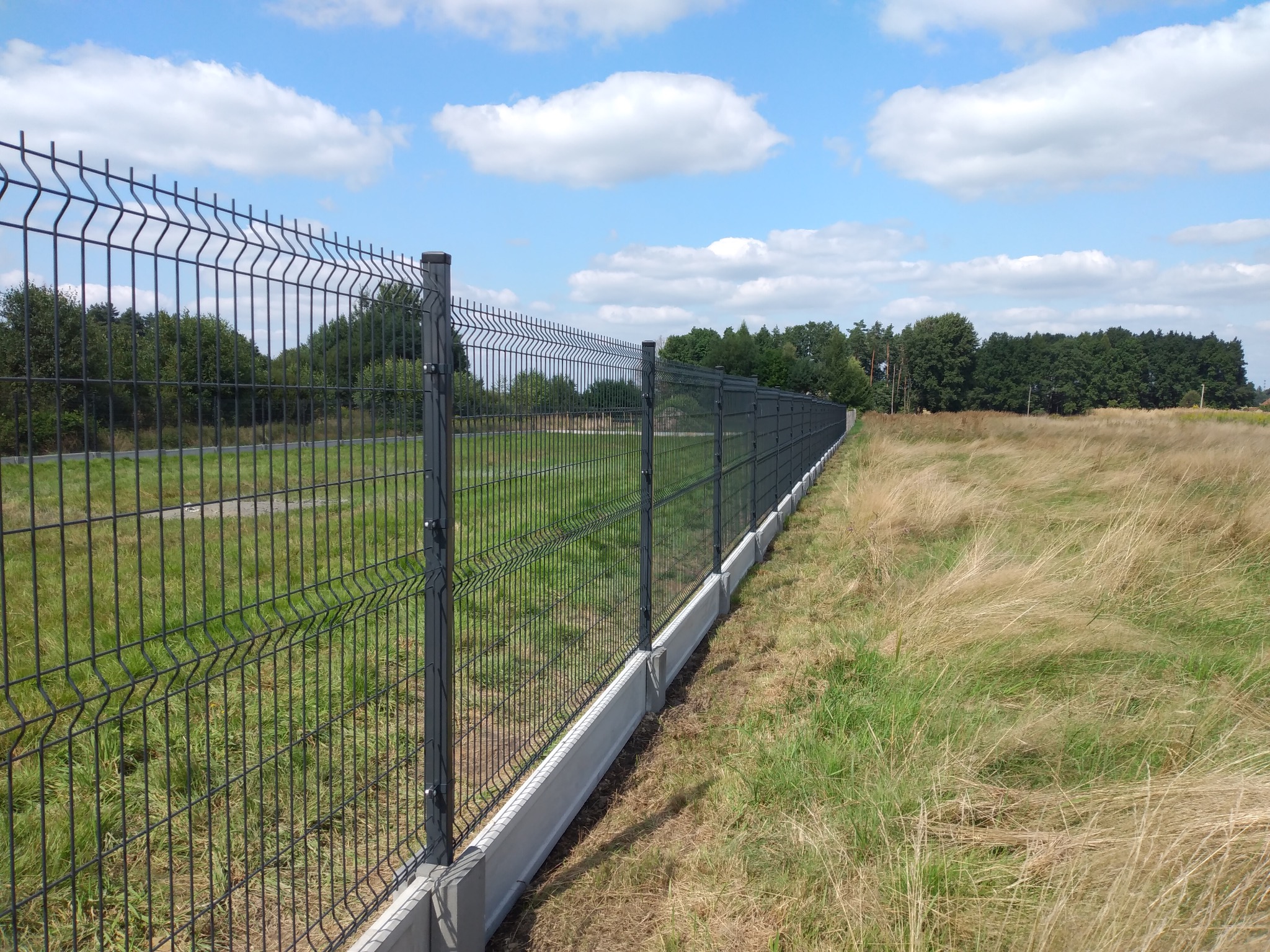 Długi, ciemnoszary panelowy system ogrodzeniowy z podmurówką betonową, rozciągający się wzdłuż łąki pod błękitnym niebem z białymi obłokami.