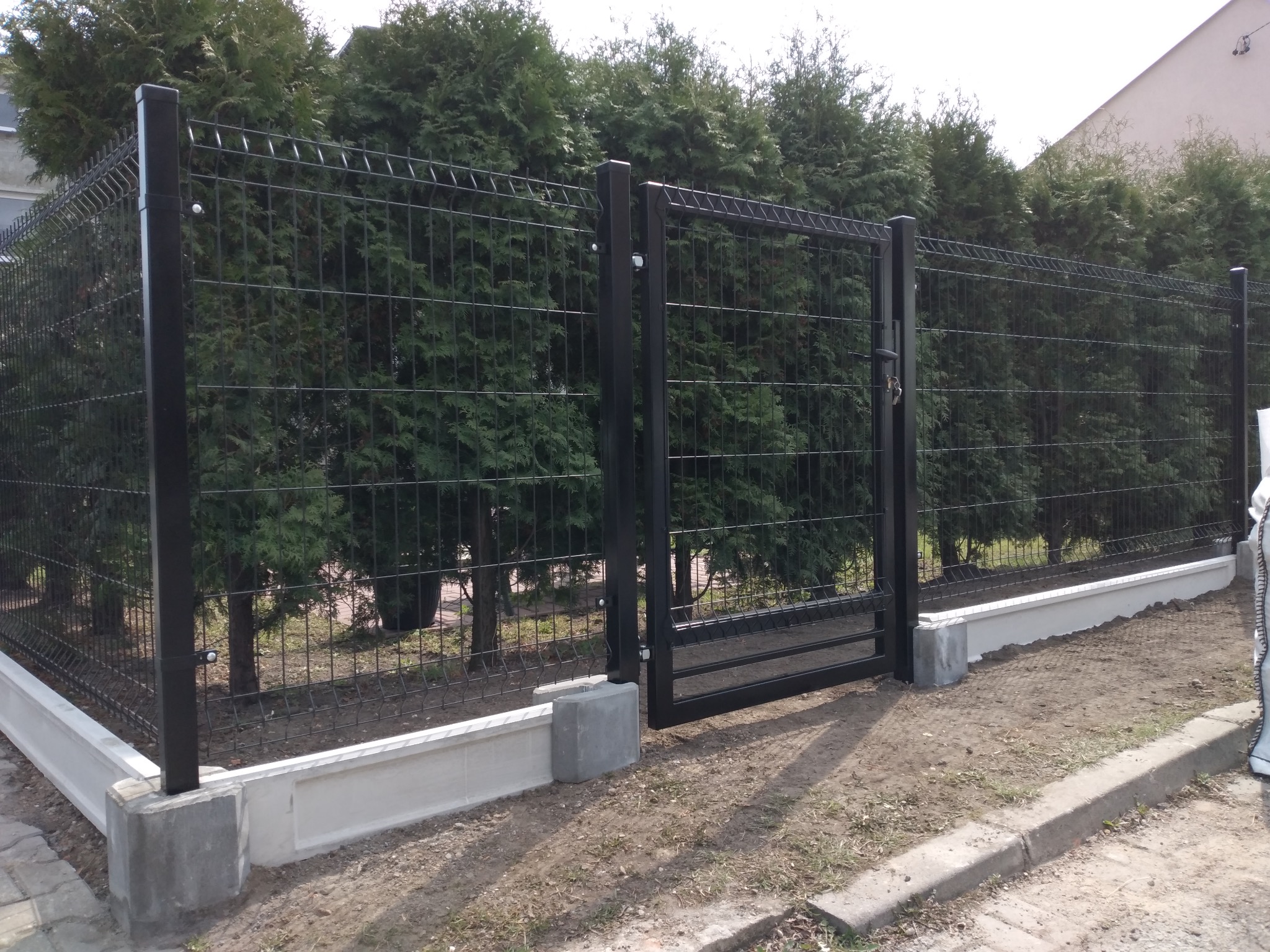 Czarny panelowy system ogrodzeniowy z bramką, osadzony na betonowej podmurówce, na tle gęstych, zielonych tuj.
