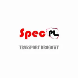 Logo firmy Spec PL z czerwonym napisem Spec i czarnym PL w obrysie Polski z drogą, pod spodem szary napis TRANSPORT DROGOWY.