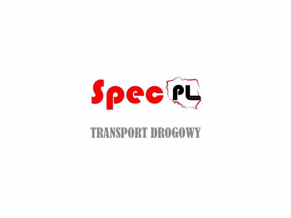 Logo firmy Spec PL z czerwonym napisem Spec i czarnym PL w obrysie Polski z drogą, pod spodem szary napis TRANSPORT DROGOWY.