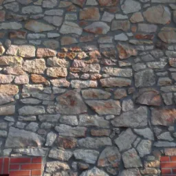 Elewacja budynku wykończona nieregularnym kamieniem naturalnym, z czerwonymi ceglanymi obramowaniami okien i dolnej części ściany, oświetlona popołudniowym słońcem.