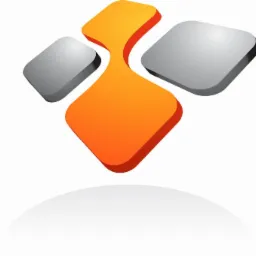 Abstrakcyjne logo: pomarańczowy element centralny przypominający klepsydrę otoczony dwoma szarymi kwadratami z zaokrąglonymi rogami, rzucający cień na białe tło.