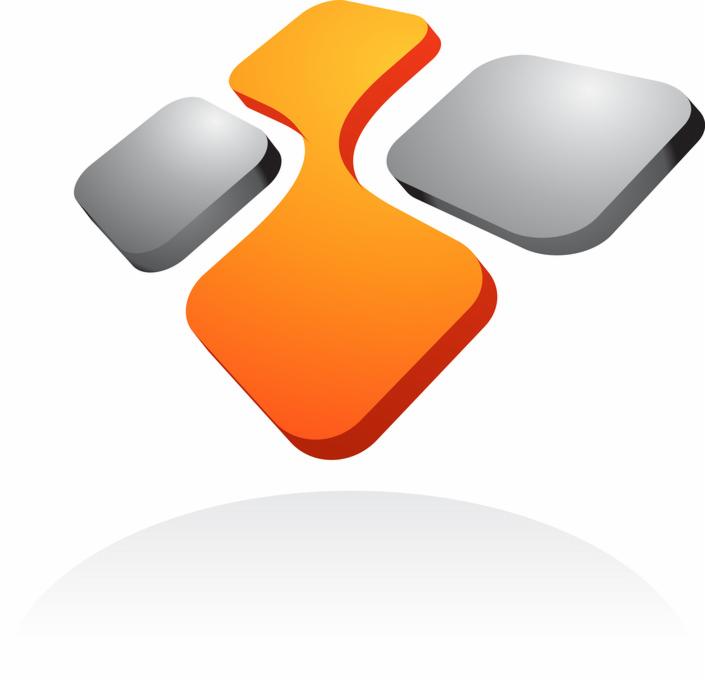 Abstrakcyjne logo: pomarańczowy element centralny przypominający klepsydrę otoczony dwoma szarymi kwadratami z zaokrąglonymi rogami, rzucający cień na białe tło.