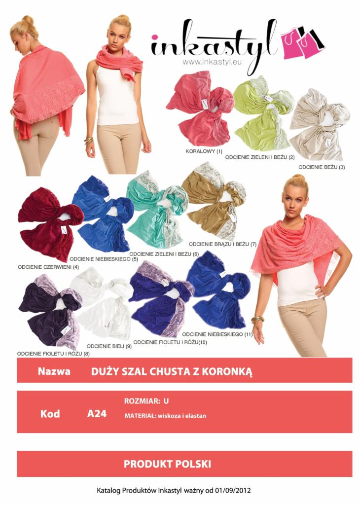 Katalog produktowy firmy Inkastyl prezentujący duży szal-chustę z koronką w różnych wariantach kolorystycznych, w tym koralowy na modelce i złożone w odcieniach zieleni, beżu, czerwieni...