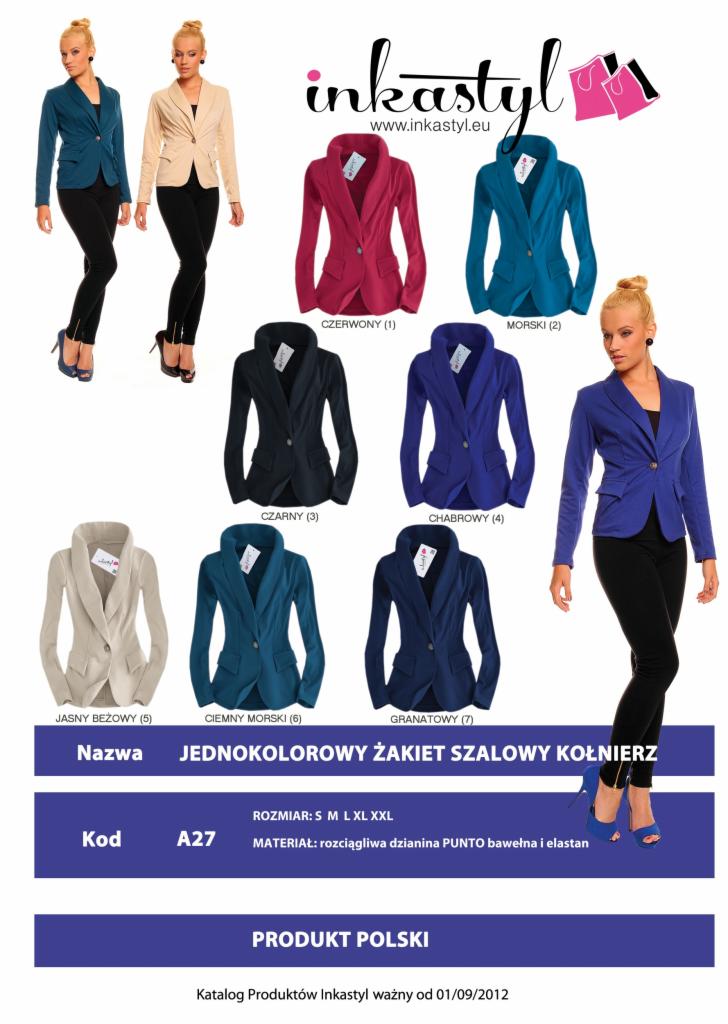 Katalog żakietów damskich z szalowym kołnierzem w różnych kolorach (czerwony, morski, czarny, chabrowy, jasny beżowy, ciemny morski, granatowy) prezentowanych na białym tle, z modelką prezentującą...