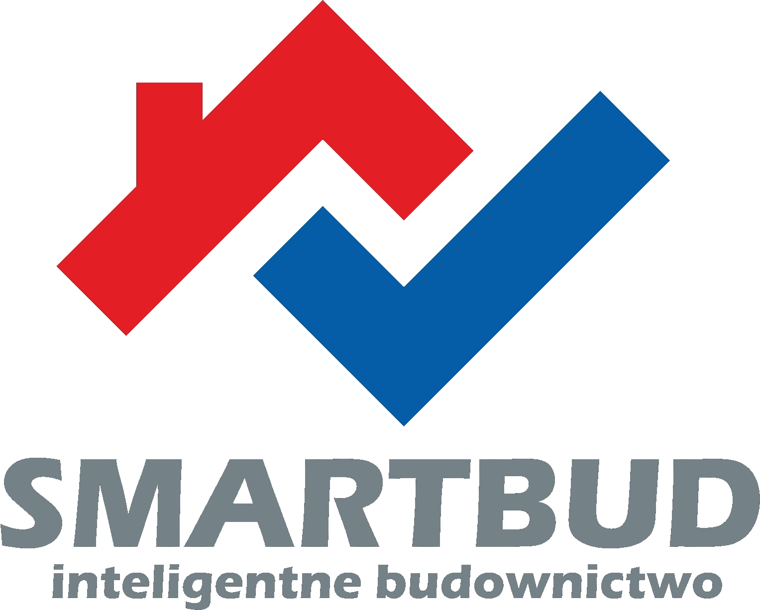 Logo firmy SMARTBUD: czerwony dach i niebieski symbol 'ptaszka' nad nazwą, szary napis 'SMARTBUD' i pod nim 'inteligentne budownictwo' w kolorze niebieskim.