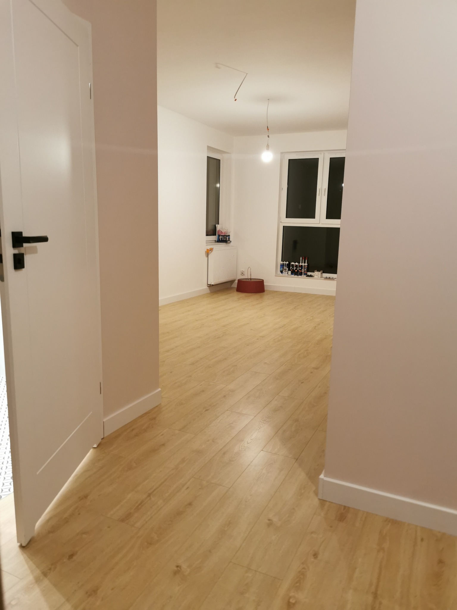 Jasne panele podłogowe w nowym mieszkaniu, widok zza otwartych, białych drzwi. Świeżo pomalowane ściany i okna z widokiem na zewnątrz. Minimalistyczny styl.