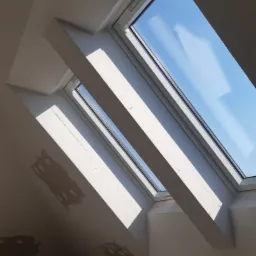 Okno dachowe w jasnym pokoju na poddaszu, z widocznymi śladami po szpachlowaniu na ścianie i promieniami słonecznymi wpadającymi do środka.
