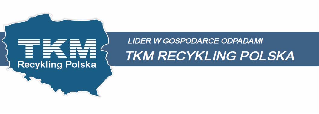 Logo firmy TKM Recykling Polska, lidera w gospodarce odpadami, z sylwetką mapy Polski w kolorze niebieskim.