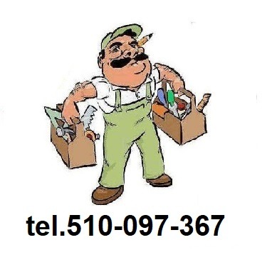 Karykatura uśmiechniętego, wąsatego mężczyzny w zielonym kombinezonie i czapce, niosącego dwie skrzynki z narzędziami, z numerem telefonu poniżej.