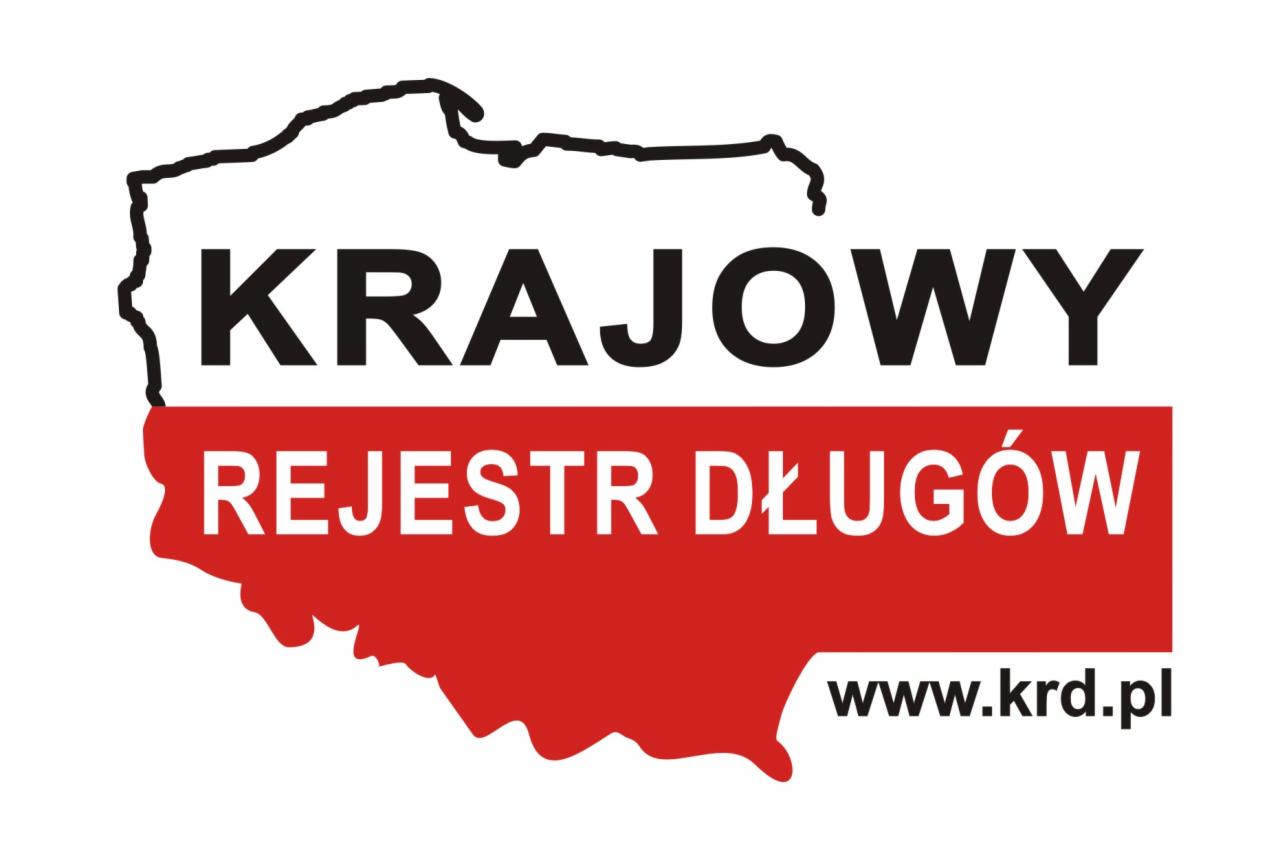 Logo Krajowego Rejestru Długów (KRD) z obrysem mapy Polski, napis 'KRAJOWY' nad czerwonym prostokątem z napisem 'REJESTR DŁUGÓW' i adresem strony www.krd.pl.