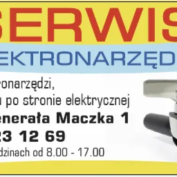 Baner reklamowy serwisu elektronarzędzi z adresem w Łazach oraz numerem telefonu, obok widoczna szlifierka kątowa.