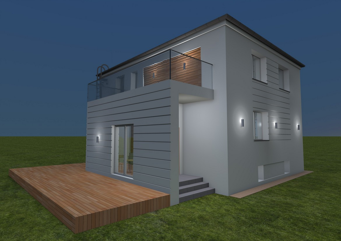 Projekt metamorfozy elewacji domu jednorodzinnego 'kostki' - noc.