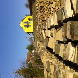 Stos pociętego drewna na tle żółtego domu w słoneczny dzień.