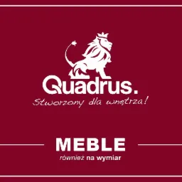 Logo firmy meblowej Quadrus z białym lwem w koronie na bordowym tle, napis 'Stworzony dla wnętrza!' i 'MEBLE również na wymiar'.