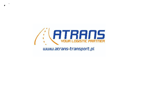 Logo firmy transportowej ATRANS z adresem strony internetowej www.atrans-transport.pl i hasłem 'YOUR LOGISTIC PARTNER', w kolorach niebieskim i pomarańczowym.
