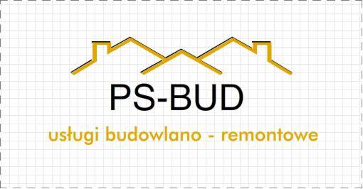 Logo firmy budowlano-remontowej PS-BUD z graficznym symbolem dachu na siatkowanym tle.
