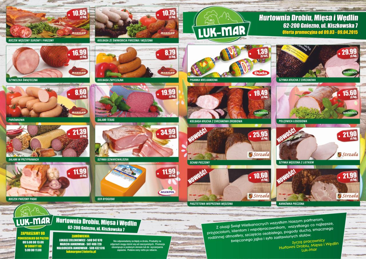 Plakat reklamowy hurtowni mięsa Luk-Mar z Gniezna. Oferta promocyjna na wędliny, kiełbasy, szynki i sery. Widoczne ceny i nazwy produktów. Wielkanocne życzenia.