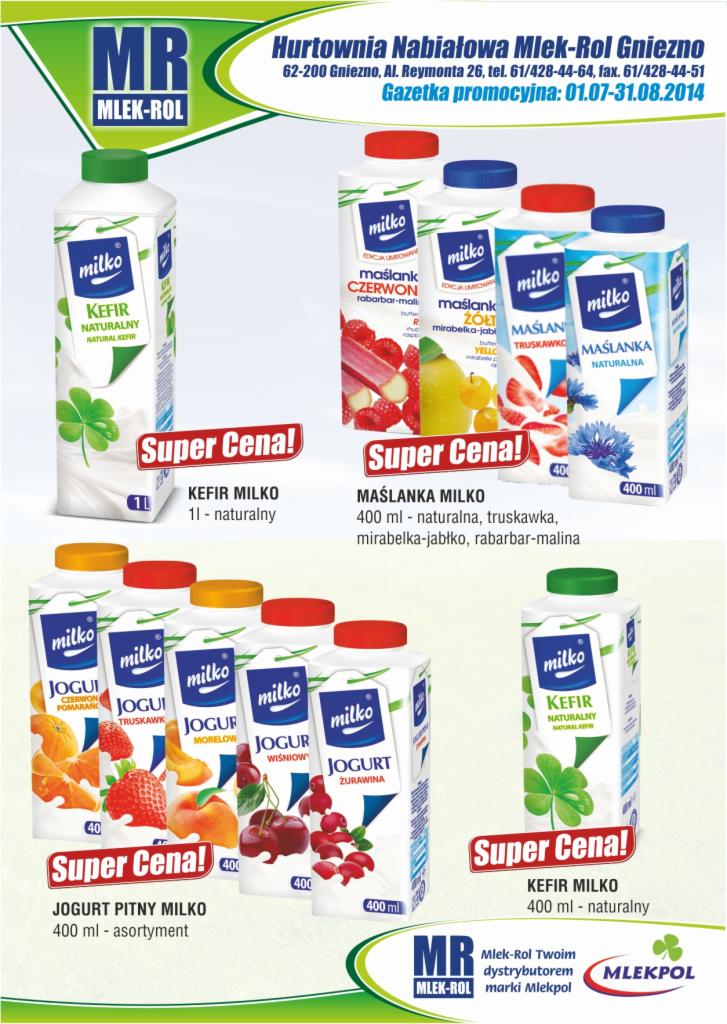 Gazetka reklamowa z nabiałem Milko: kefiry naturalne, maślanki o smakach (truskawka, rabarbar-malina, mirabelka-jabłko) i jogurty pitne w różnych wariantach smakowych.