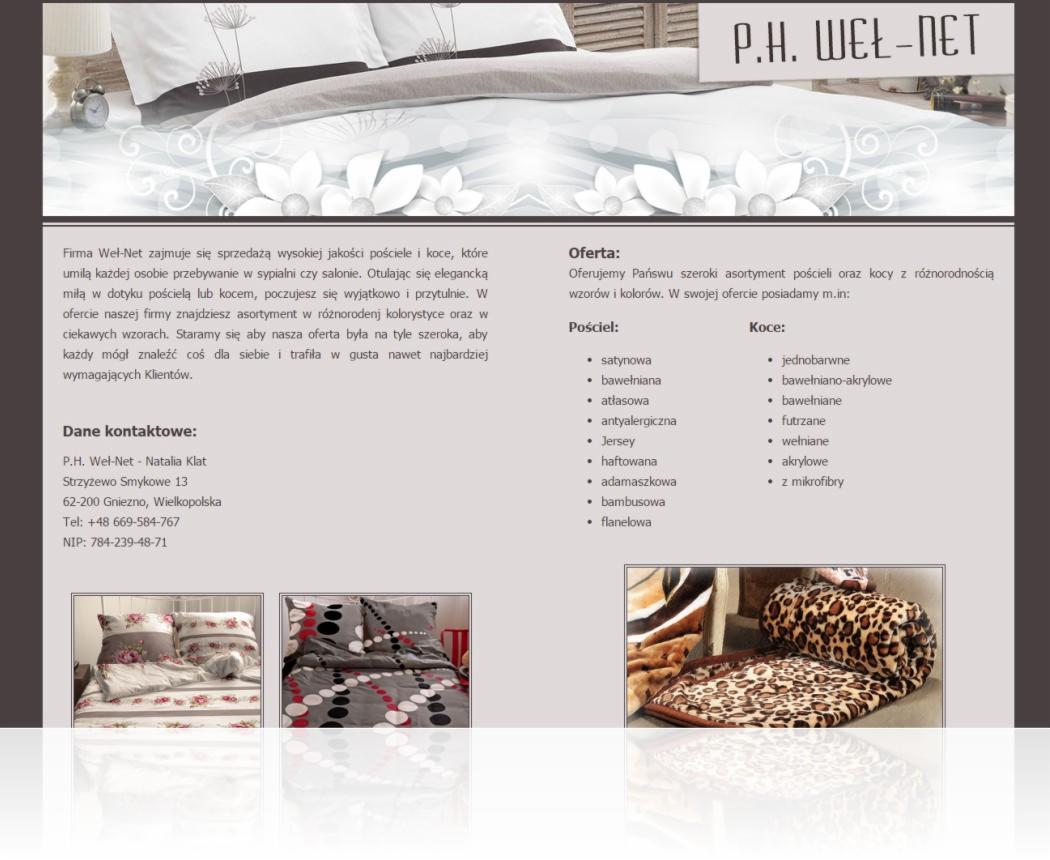 Ulotka reklamowa firmy Weł-Net z Gniezna, oferującej pościele i koce. Na ulotce zdjęcia produktów, dane kontaktowe i opis oferty. Różne wzory i materiały.