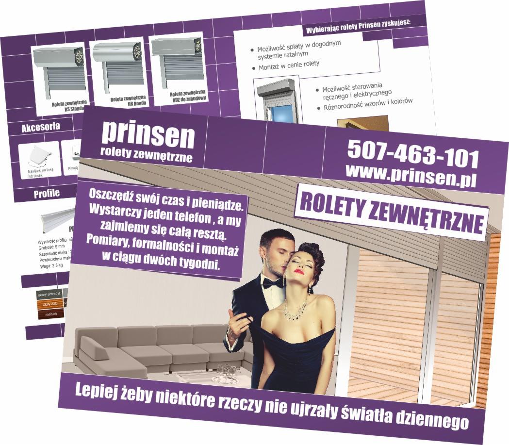 Ulotka reklamowa firmy Prinsen oferującej rolety zewnętrzne. Na ulotce zdjęcia rolet, dane kontaktowe i hasło: Lepiej żeby niektóre rzeczy nie ujrzały światła dziennego.