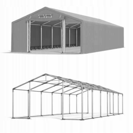 Wizualizacja namiotu modułowego w Trzebini, prezentująca zarówno gotową konstrukcję z poszyciem, jak i sam szkielet stalowy.