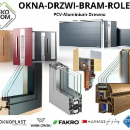 Kompozycja wizualizacji różnych typów stolarki budowlanej: przekroje okien z różnymi ramami, drzwi wejściowe, bramy garażowe segmentowe oraz schemat montażu rolety zewnętrznej, uzupełniona...