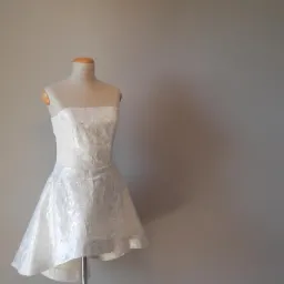 Elegancka, krótka, biała sukienka z wzorem na manekinie krawieckim, na tle szarej ściany. Sukienka ma dopasowaną górę i rozkloszowany dół, z dłuższym tyłem.