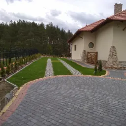 Nowoczesny dom z beżową elewacją, czerwoną dachówką i brukowanym podjazdem z dwoma pasami trawy, ogrodzony czarnym metalowym płotem i obsadzony tujami.