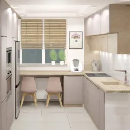 Wizualizacja nowoczesnej kuchni w Ostrowcu Świętokrzyskim z jasnymi frontami szafek, drewnianym blatem i dwoma krzesłami przy oknie z żaluzjami.