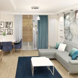 Wizualizacja salonu z szarą narożną sofą, białym stolikiem kawowym na granatowym dywanie, drewnianą szafką RTV, stołem z krzesłami i dekoracyjną tapetą w kwiaty.