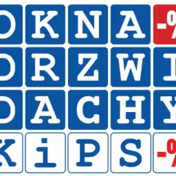 Grafika przedstawiająca napisy 'OKNA', 'DRZWI', 'DACHY', 'KIP', 'S' w białych literach na niebieskich kwadratach, z czerwonym kwadratem z napisem '-%', sugerująca ofertę na okna i drzwi.