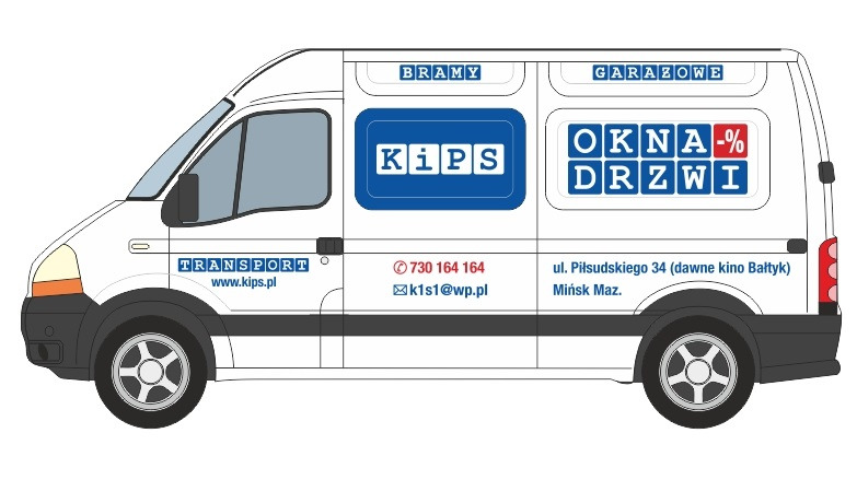 Ilustracja białego samochodu dostawczego z reklamą firmy KiPS oferującej bramy garażowe, okna i drzwi, z podanym numerem telefonu i adresem firmy.