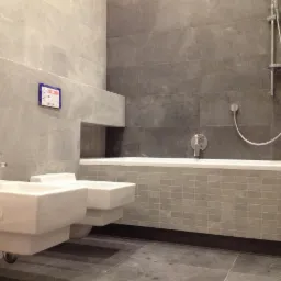 Nowoczesna łazienka z dwoma umywalkami o kwadratowym kształcie, szarymi płytkami na ścianach i podłodze, oraz wanną obłożoną mozaiką; na ścianie widoczna instrukcja bezpieczeństwa.