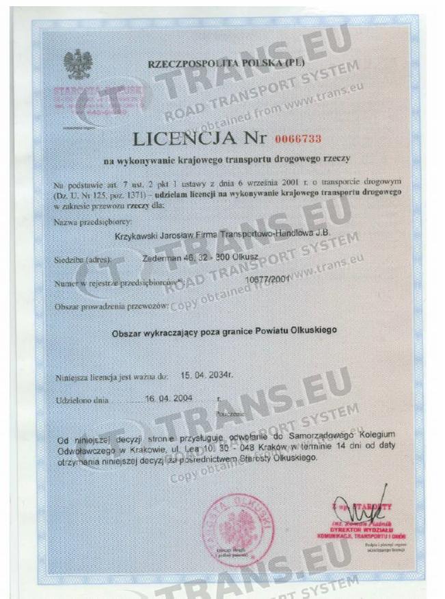 Skan licencji na wykonywanie krajowego transportu drogowego rzeczy, wydanej w Polsce, z widocznymi pieczęciami i podpisami.