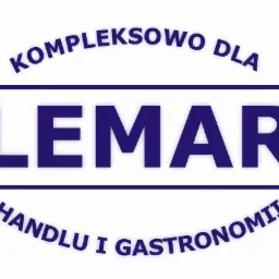 Logo firmy LEMAR w kolorze granatowym na białym tle, z hasłem 'Kompleksowo dla Handlu i Gastronomii'.