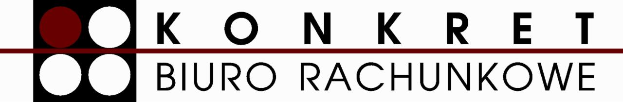 Logo firmy z napisem 'KONKRET' nad 'BIURO RACHUNKOWE', przecięte poziomą, brązową linią. Lewa strona logo zawiera cztery okręgi w czarno-białej kolorystyce, z jednym czerwonym okręgiem.
