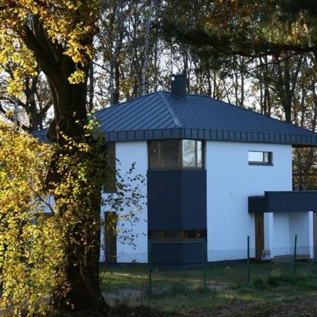 Nowoczesny, dwukondygnacyjny dom z płaskim dachem w kolorze grafitowym, białą elewacją z ciemnoszarymi akcentami, widoczny zza drzew z jesiennymi liśćmi.