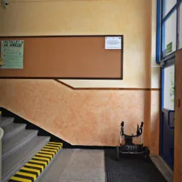 Korytarz szkolny z marmurkową ścianą w odcieniach beżu i pomarańczy. Schody z żółto-czarnymi pasami, tablica korkowa i wózek inwalidzki przy drzwiach.