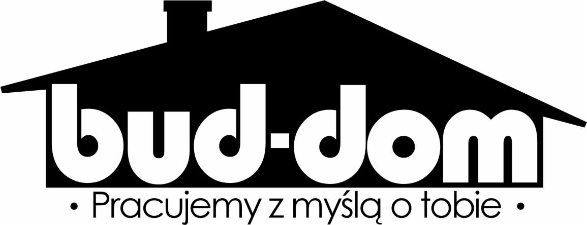 Czarne logo 'bud-dom' na białym tle, z grafiką domu w górnej części i hasłem 'Pracujemy z myślą o tobie' poniżej, w minimalistycznym stylu.
