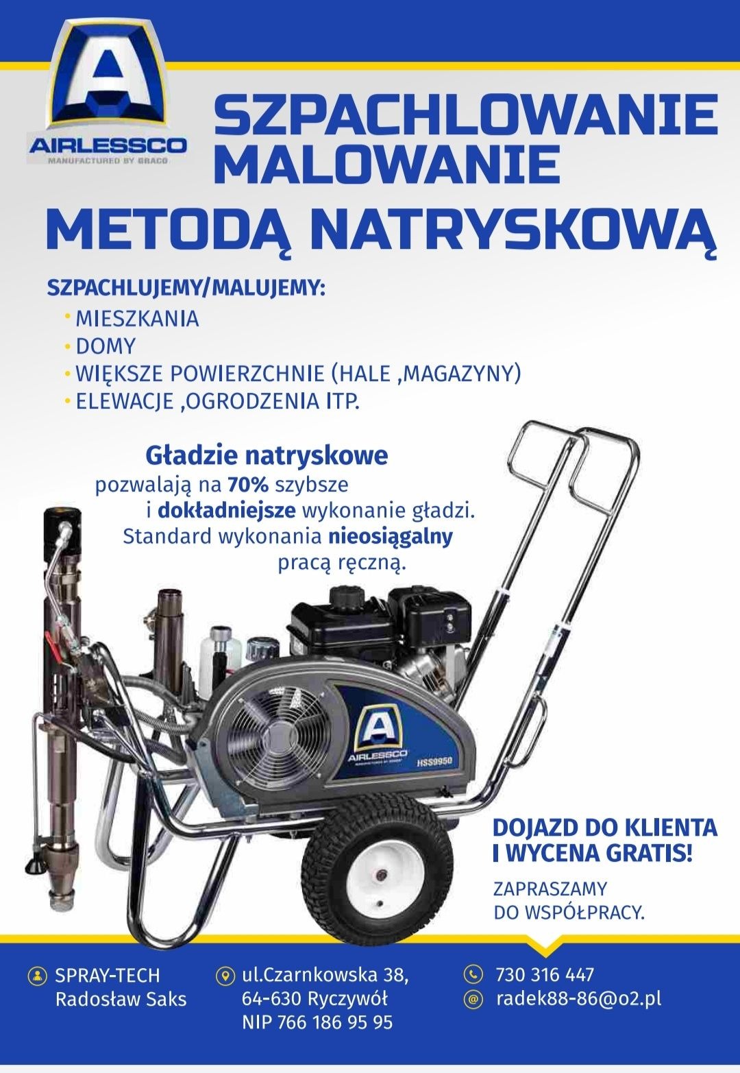 Plakat reklamowy prezentujący agregat do natryskowego nakładania gładzi i farb, oferujący szybsze i dokładniejsze wykonanie prac w mieszkaniach, domach i na elewacjach.