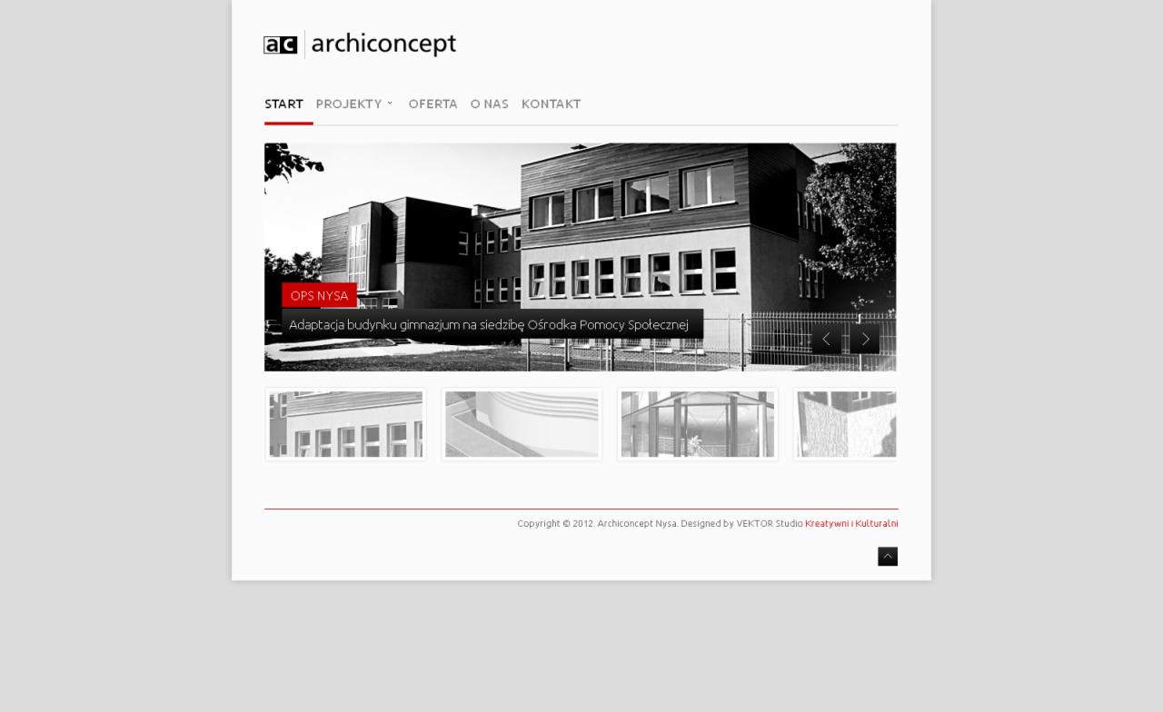 Czarno-biały widok strony internetowej prezentującej budynek po adaptacji, z menu nawigacyjnym u góry i karuzelą zdjęć projektu poniżej.